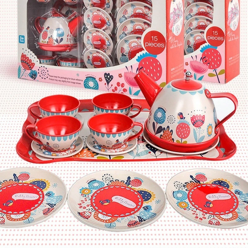 pretend-play-tea-set-thickened-tinplate-anti-drop-tea-cup-pot-afternoon-party-floral-printed-kitchen-toy-holiday-gift