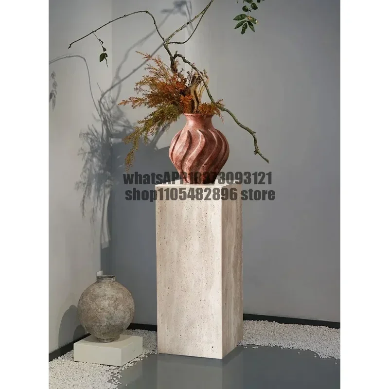 Natural travertine wabi sandy wind floor base minimalist sculpture table entrance flower stand