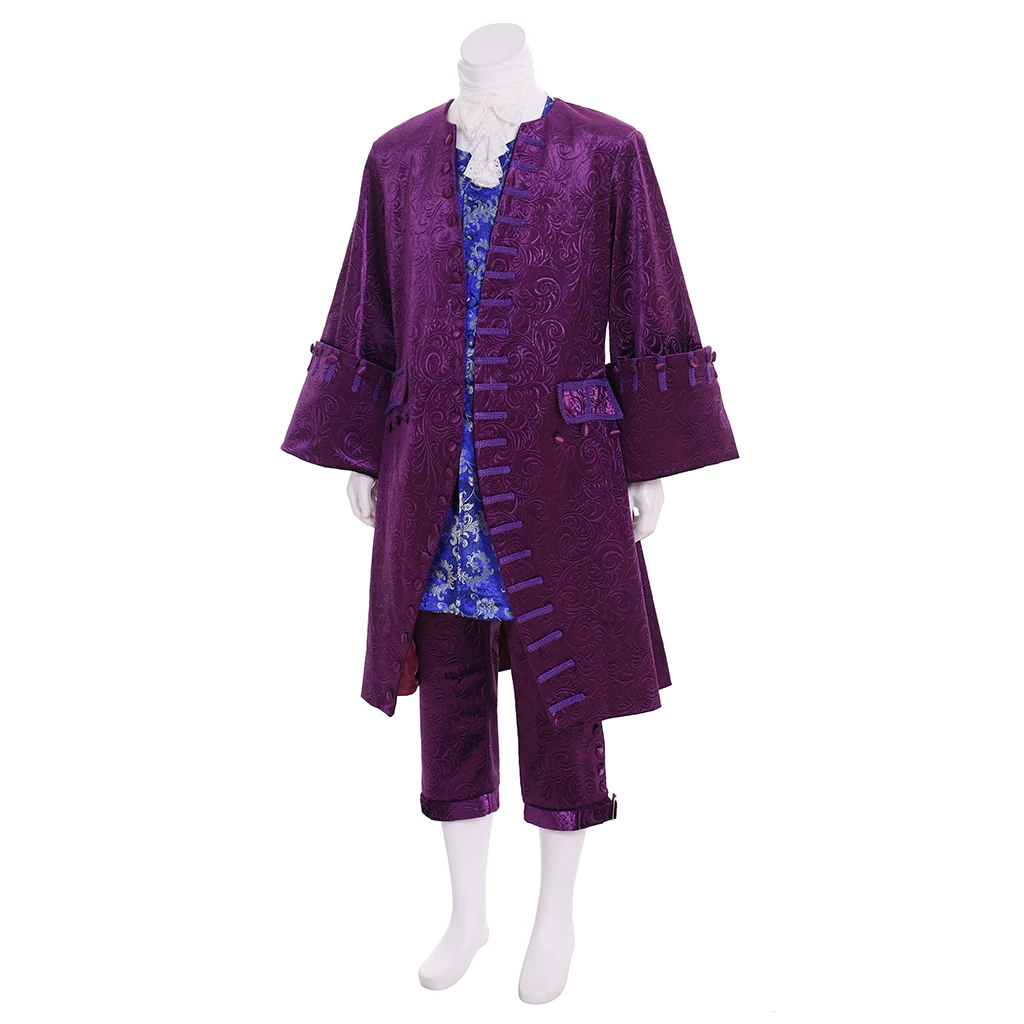 18세기 신사복 보라색 코트 바지와 조끼 중세 빅토리아 재킷 남성용 벨 가운 코트