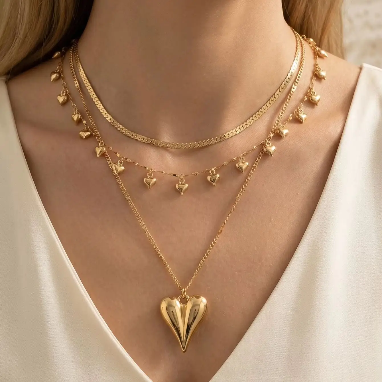 3 Layer Gold Heart Charm Layering Necklace Multi Size Dainty Small & Big Heart Pendant Stackable Women Daily Collar Jewelry