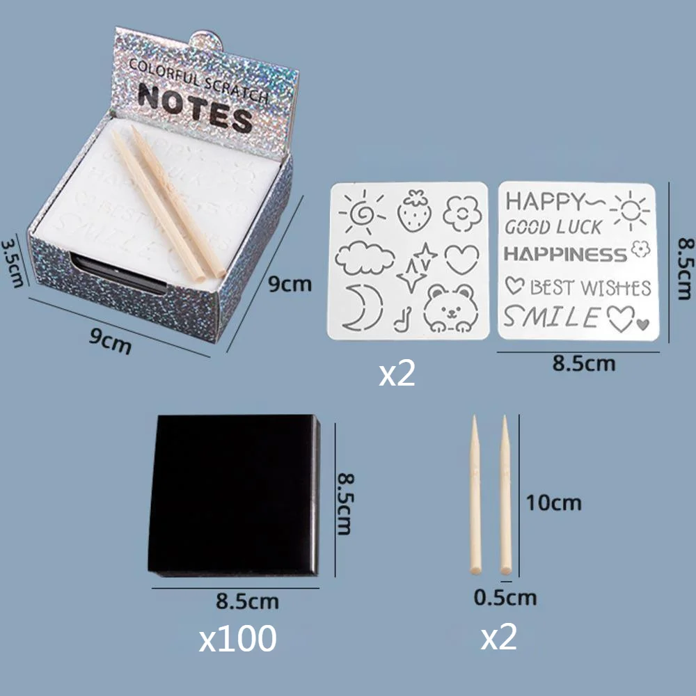 100Pcs/Box Dazzling Laser Scratch Mini Notes With Drawing Stencil Template Kids DIY Craft Draw Painting Educational Toys Gifts