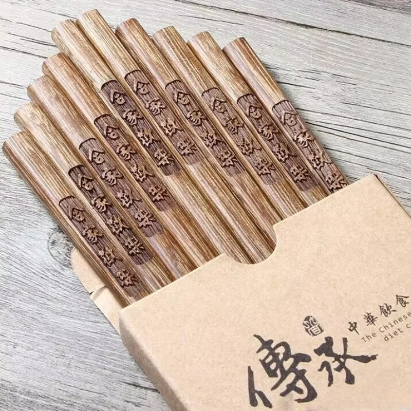 Chinese Chopsticks Set Non-Lacquered Non-Waxed Chicken Wing Wood Cutlery Anti-slip Anti-mold Engraved Blessing Wooden Chopsticks