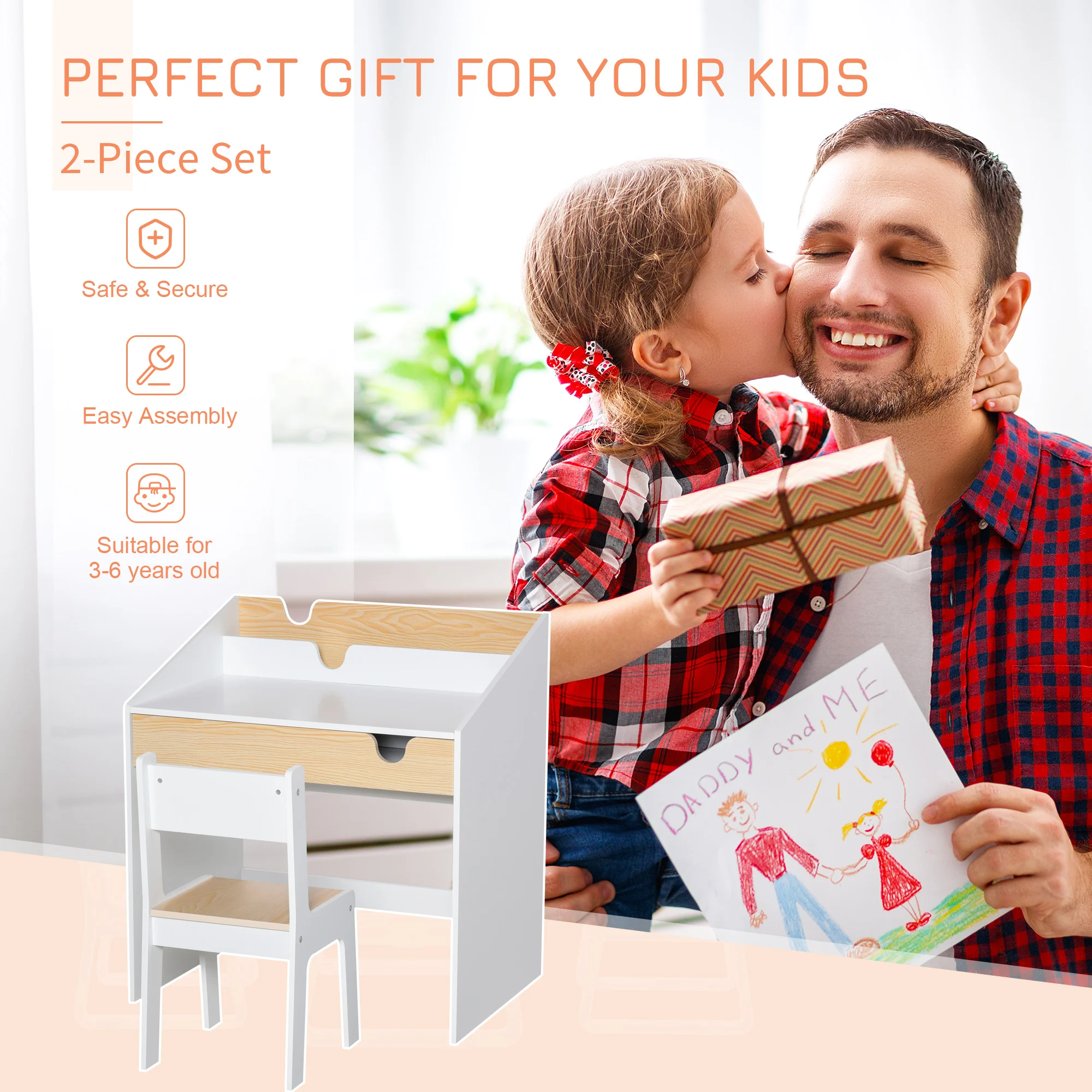 HOMCOM Kids Desk and Chair Set 2 Pieces Children Study Table with Storage Pull-Out Drawer Bookshelf for 3-6 Years