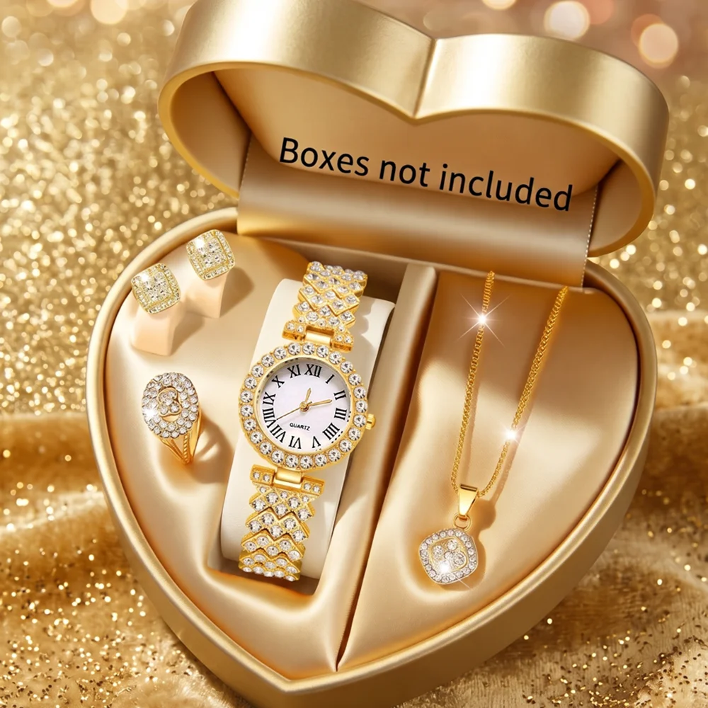5Pcs/Set Unisex Jewelry Watches Women's Wristwatch Accessories Gold Fashion Trendy Elegant Classic Exquisite Light Luxury Rhinestone Luxury Bracelet Watch Set Y2K Suitable for Travel, Vacation, Parties, Daily Outfits, and Our Holiday Gifts