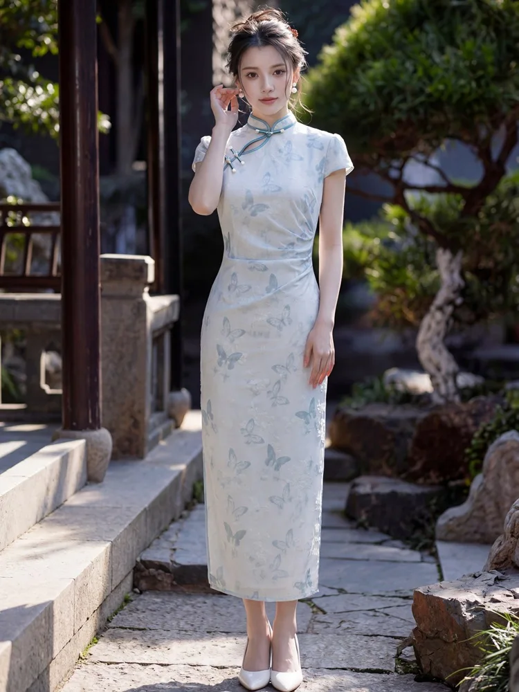 Blue Flower Improved Plush Long Qipao Women's 2026 Spring New Style Girl Double layered Young Qipao Dress