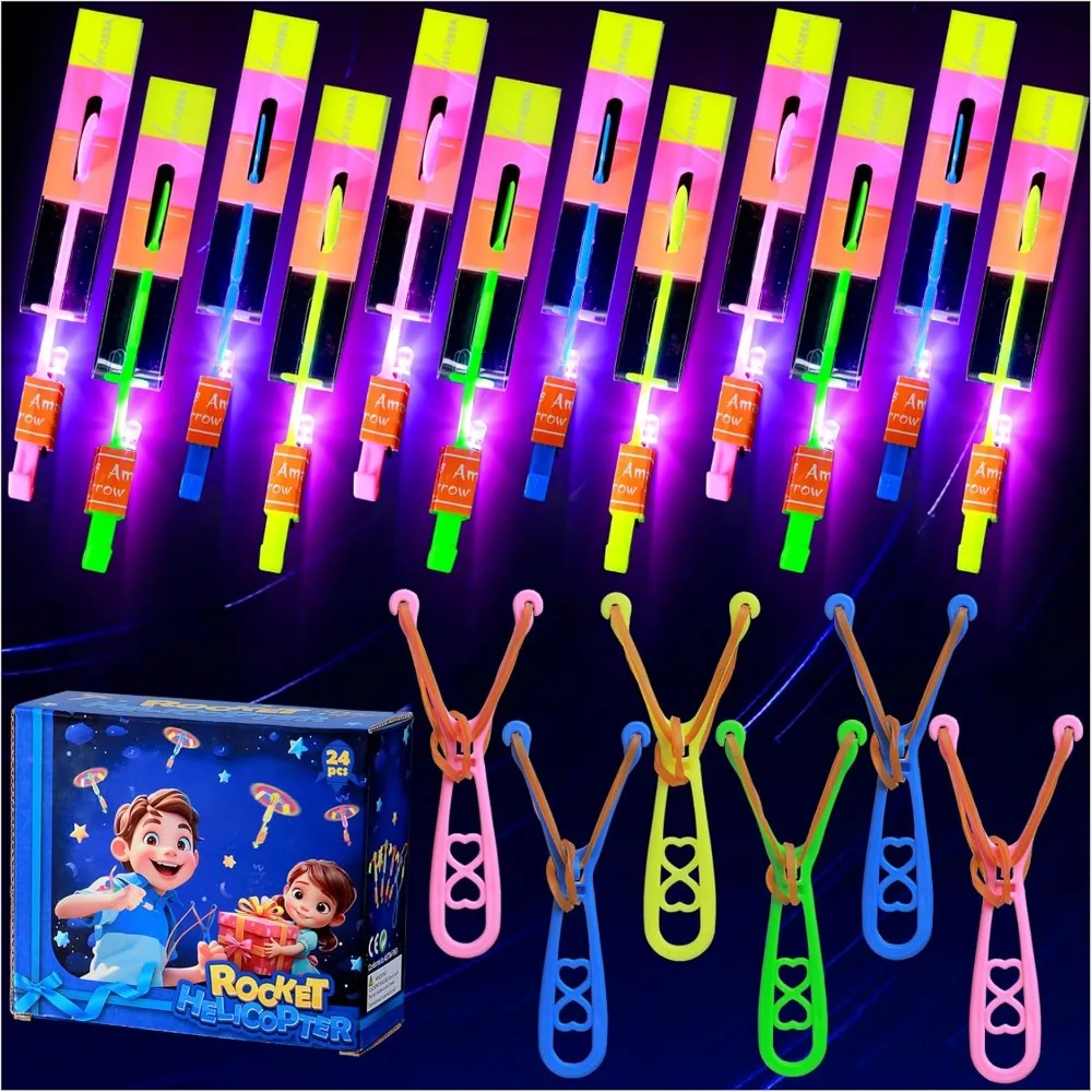 

24 Sets LED Flying Set, 24 Slingshot+24 Glow Helicopter-48 Pcs, Flying Toy Outdoor Toys Glow in The Dark Party Supplies P
