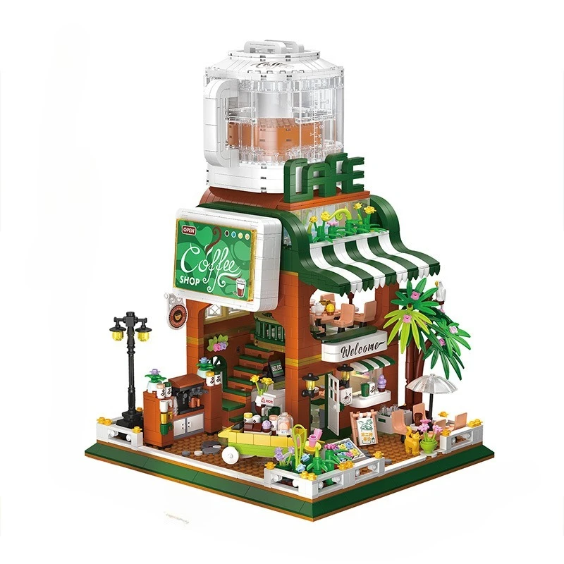 

City street view self-service cafe mini small particles high difficulty assembled building block 612001