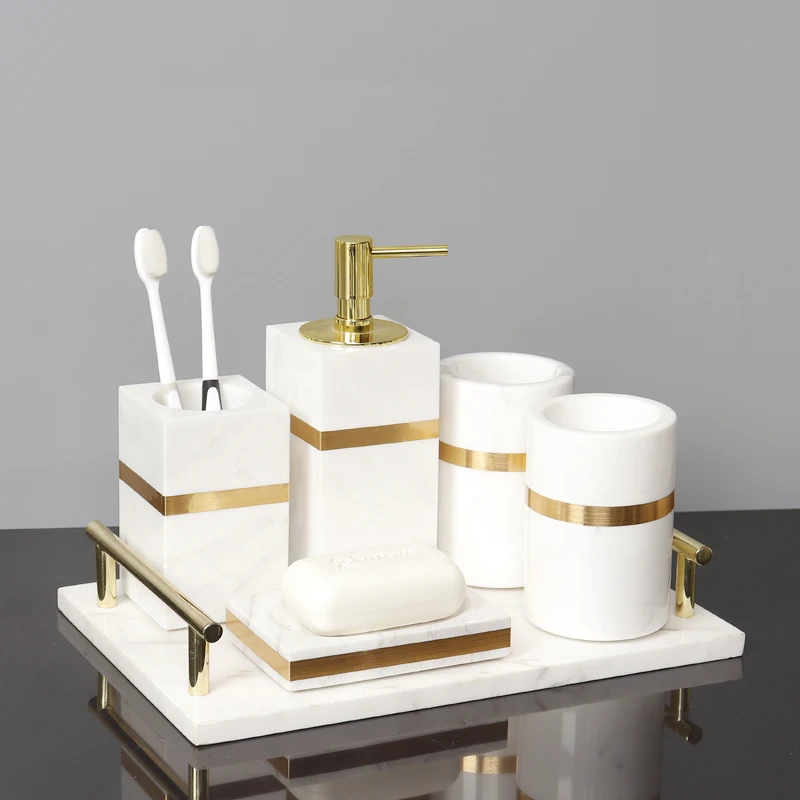 Volakos White Natural Marble Bathroom Accessories Golden Luxury Soap Dispenser Soap Dish Tray Tissue Box Bathroom Set