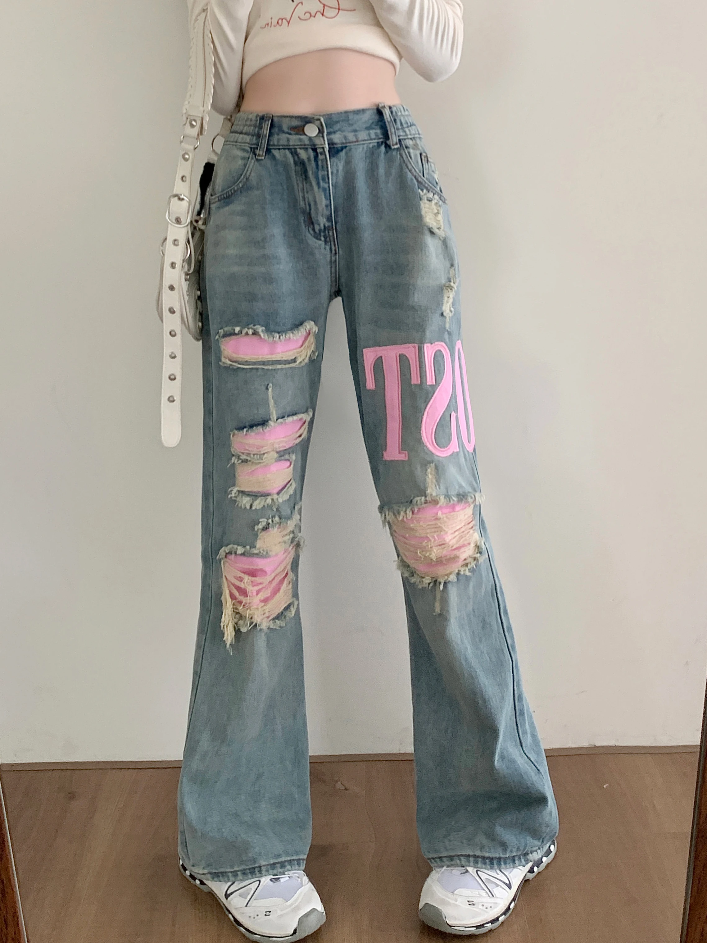 Harajuku Streetwear Retro Pink Hole Fashion Women High Waist Jeans Loose Wide Leg Straight Loose Denim Trousers Y2K Baggy Pants