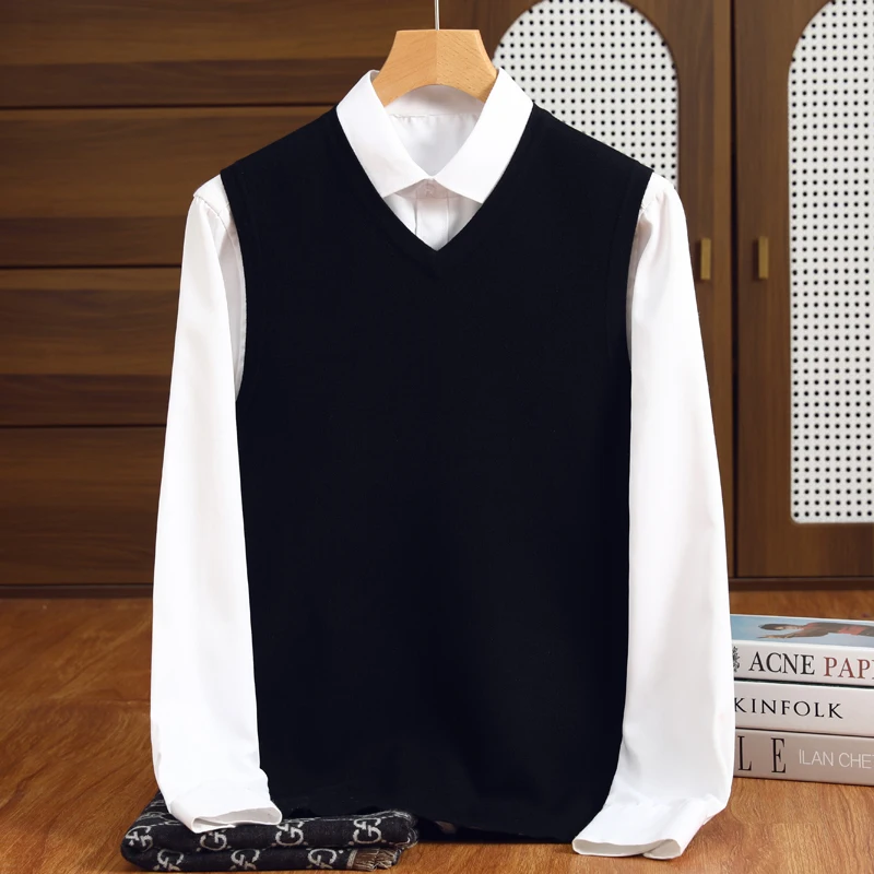 2025 New Men's knitted Business Vest Australia Pure Wool Pullover Sweater Casual High-quality Solid Color V-Neck Loose Tops