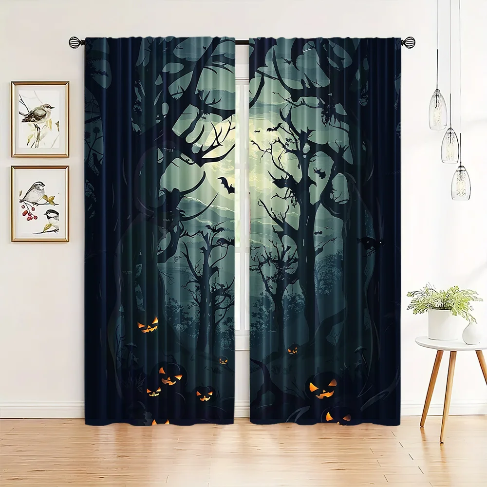 Halloween Haunted Forest Curtains, Spooky Pumpkin Tree Window Drapes, Gothic Horror Decor, Blackout Fabric for Party Living Room