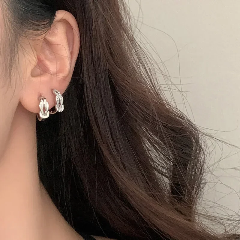 Pendientes de aro con nudo trenzado de circón para mujer, Plata de Ley 925 auténtica, joyería fina minimalista de moda, accesorios de estilo chino