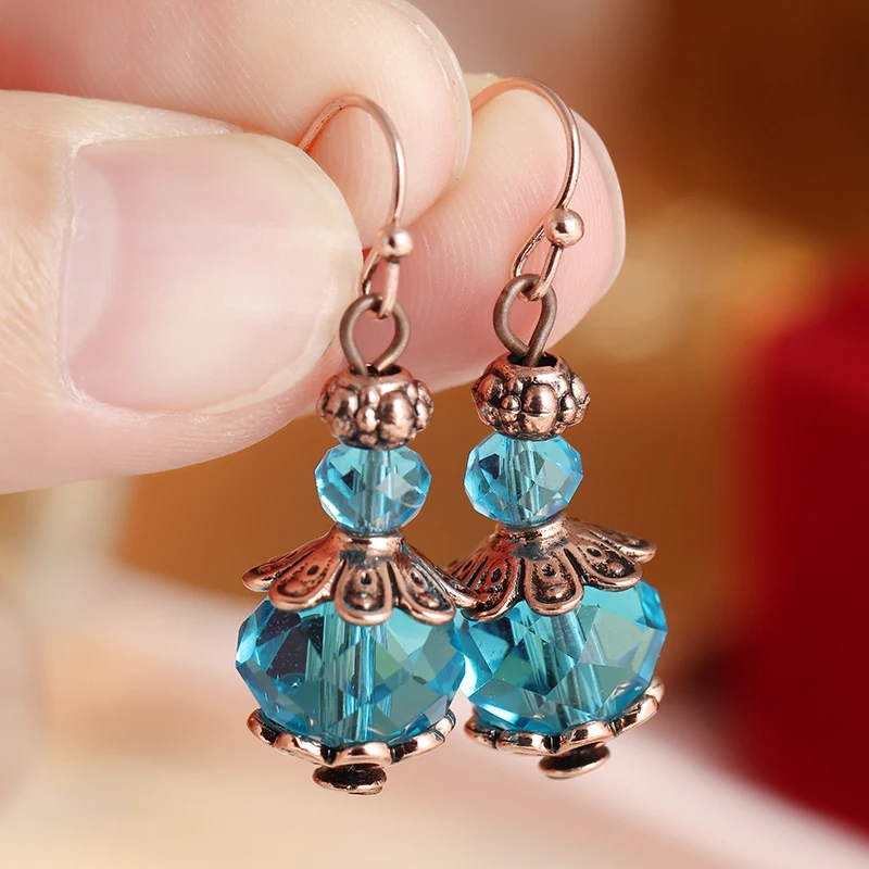 Trendy Inlaid Blue Stone Dangle Women's Earrings Vintage Ancient Red Copper Color Geometry Daily Wear Party Jewelry