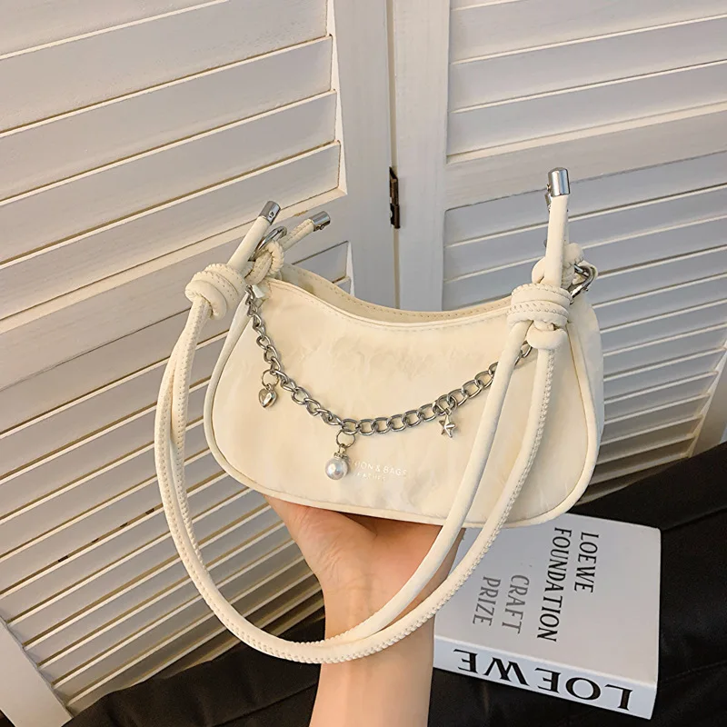 

New Versatile Fashion Women's Handbag White Pearl Chain Crossbody Spring Summer Underarm Bag Adjustable