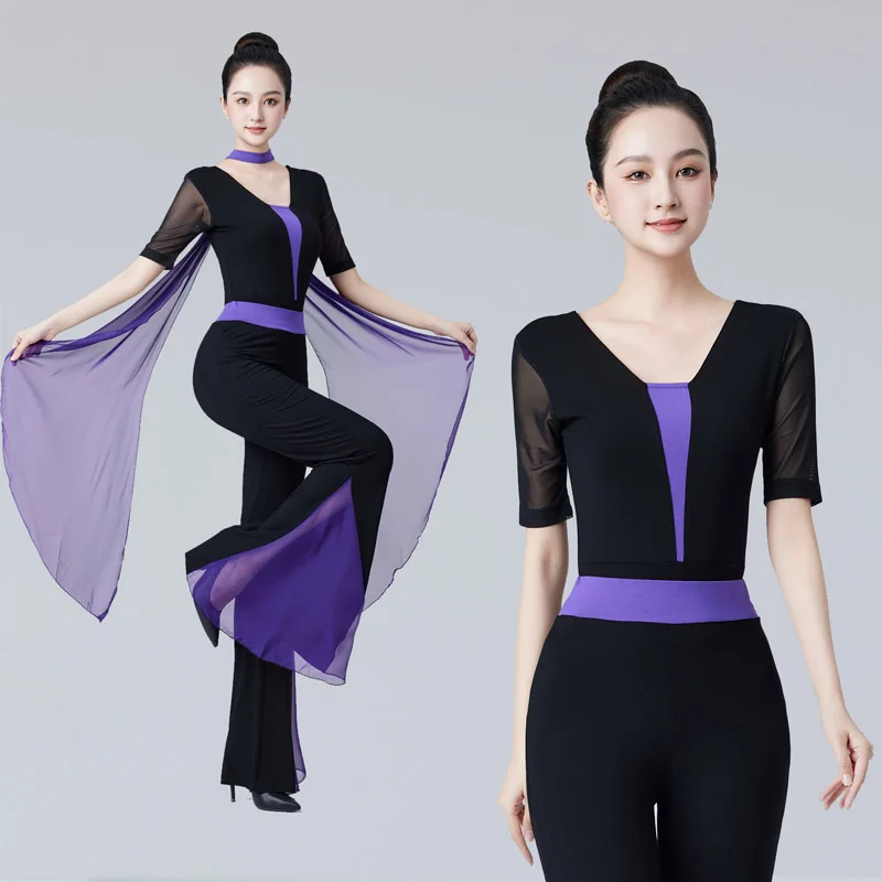 

Женский латинский боди, широкие брюки, элегантные расклешенные брюки, костюм для бальных танцев, танцевальный костюм для выступлений