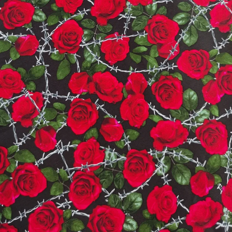 Amazing Big Black White Polka Dot & Red Blooming Rose Flower Printed Cotton Spandex Stretchable Elastic Floral Fabric 50x120cm