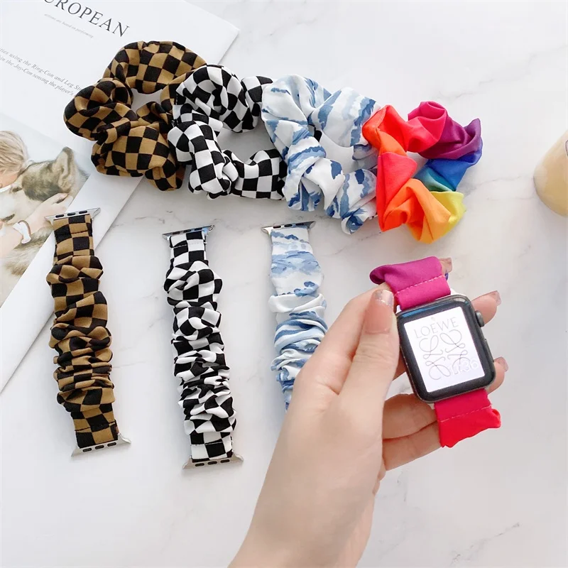 Girls' Hair Ring Checkerboard Fabric Watch Strap for Apple Watch Series 7/6/5/4/se/3/2/1 Daily Life Women Watchband