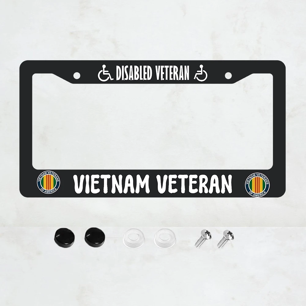

License Plate Frames Black and White License Plate Covers Disabled Vietnam Veteran Universal Aluminum Car Accessory