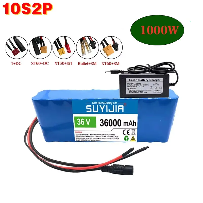 36V 36000mAh 18650 1000W Rechargeable Li-ion Battery Pack 10S2P for Electric Bicycle Scooter Wheel Chair Built-in BMS