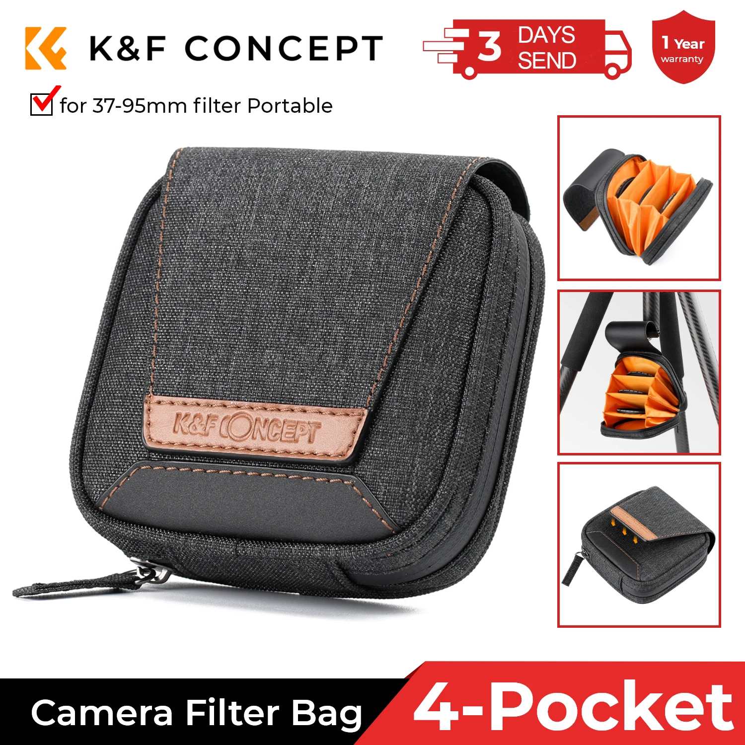 K&F Concept 4 Slots Lens Filter Case Bag with Inner Pocket Carrying Filters Camera Pouch for 37mm-95mm ND UV CPL Filters Storage