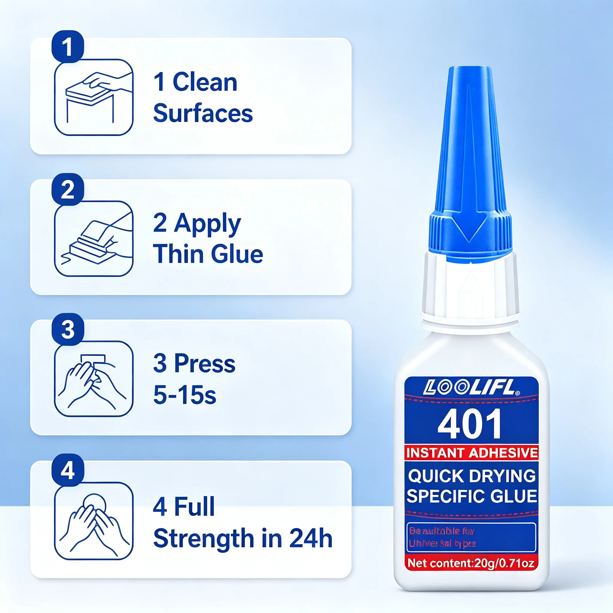 LOOLIFL 401 Instant Super Glue 20g Cyanoacrylate Adhesive Fast Drying Strong Bond for Plastic Rubber Metal Ceramic Model DIY Rep view 4