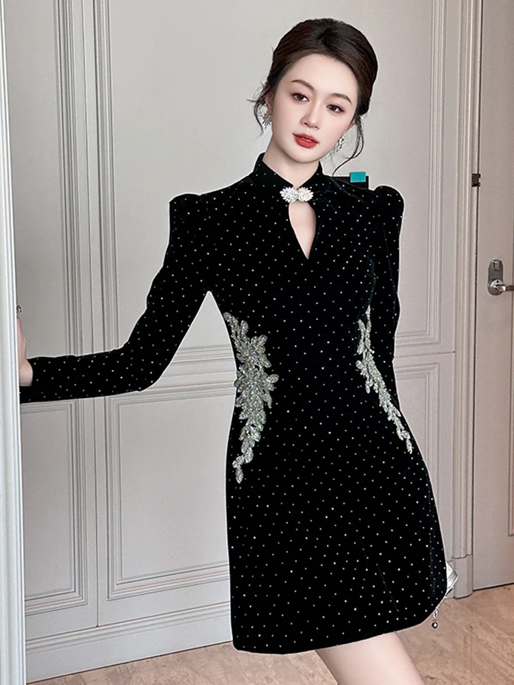 Women Clothes Chinese Style Black Stand Neck Slim Short Dress Elegant Luxury Lady Fashion Party Prom Vestido Formal Occasion New