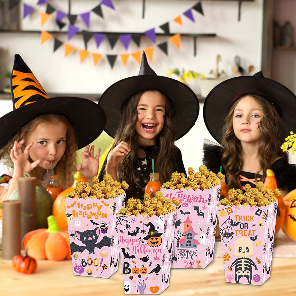 4pcs Halloween Party Decoration Pumpkin Bat Ghost Candy Cookie Snack Box Girls Halloween Themed Birthday Party Pink Popcorn Box