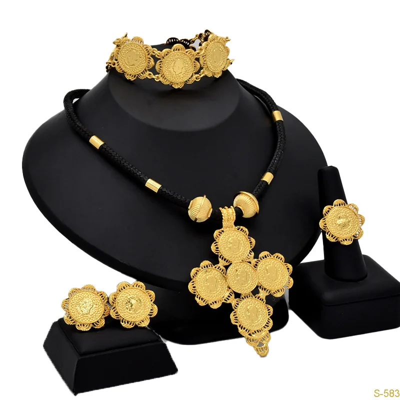 New Middle East Dubai Alloy Jewelry Set Four Piece Black Rope Long Necklace Pendant Coin African Bride Wedding Jewelry DD10282