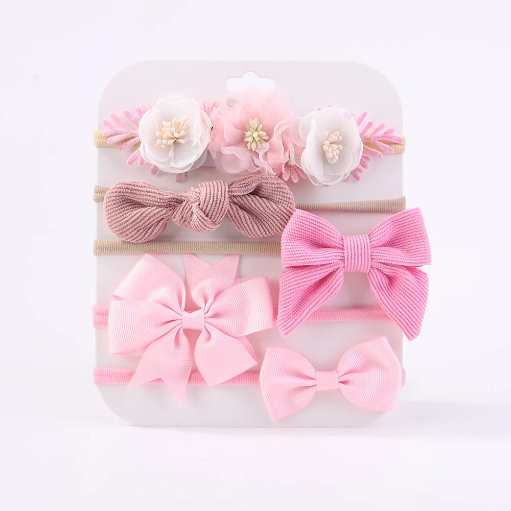 Zoete elastische hoofdbanden voor babymeisje nieuwe strik gebreide nylon hoofdbanden 5 stks/set mooie bloem haarbanden decoratie hoofddeksels