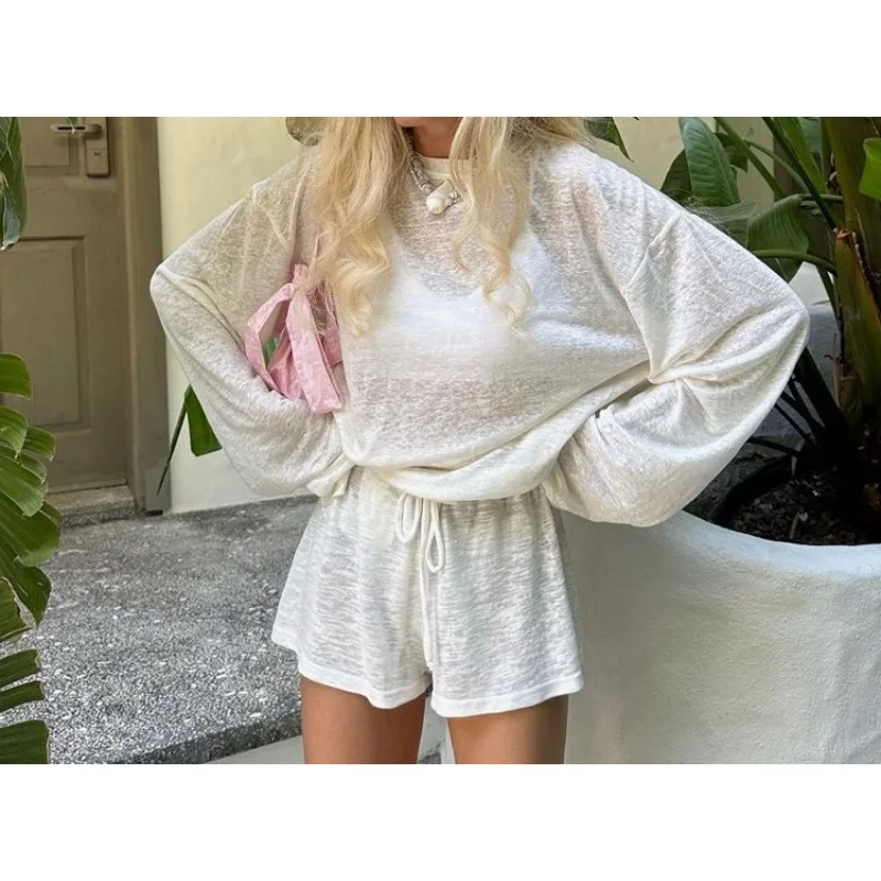 2026 Spring Casual Suit Women's Solid Color Perspective Simple Crew Neck Long Sleeve Top Lace-up Shorts Two-piece Set