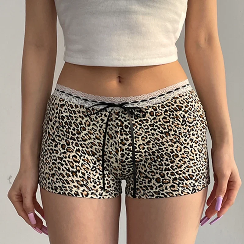 

Hot Sexy Leopard Print Shorts Streetwear y2k Lace Patchwork Bow Low Rise Skinny Short Pants Women Vintage 2000s Clothing