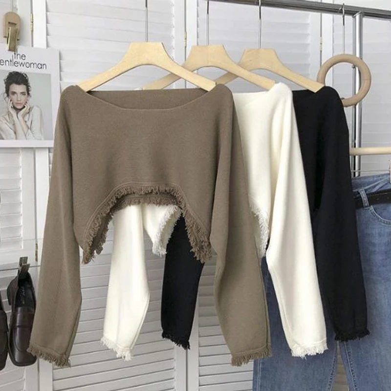 Two Piece Set for Women Korean Fashion Hollow Half High Collar Knitted Sweater Elegant Tassel Long Sleeve Slim Fit Pullover Tops