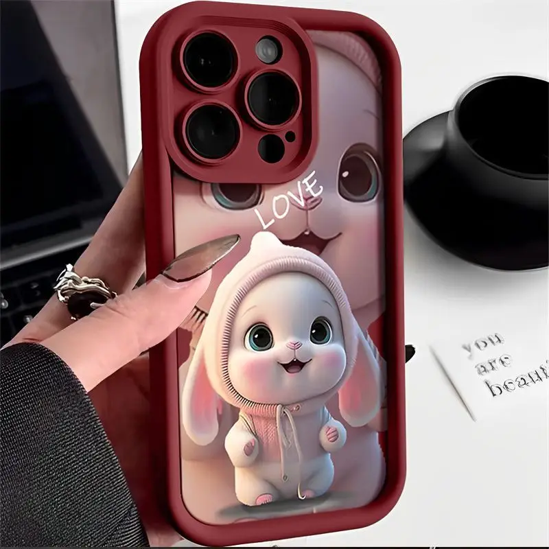 Cute Lovely Pink Rabbit Silicon Case For iPhone 16 15 14 13 12 11 Pro Max Mini XS XR X 8 7 Plus SE2 Shockproof Bumper Back Cover