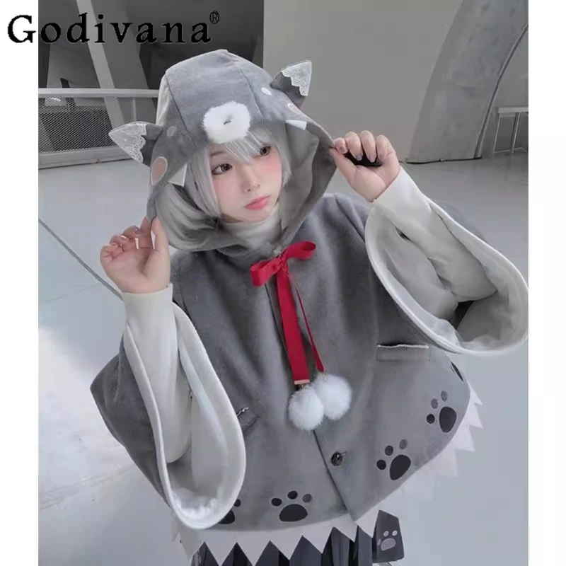 

Original Japanese Kawaii Hooded Cloak Autumn Winter New Student Y2K Short Cardigan Jacket Women's Sweet Lolita Capes Ponchos