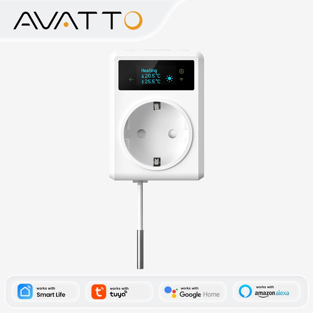 

Умная Wi-Fi розетка AVATTO 16А с дистанционным управлением температурой (охлаждение/нагрев), термостат, датчик NTC 3М, совместимость с Tuya, Alexa, Google Home