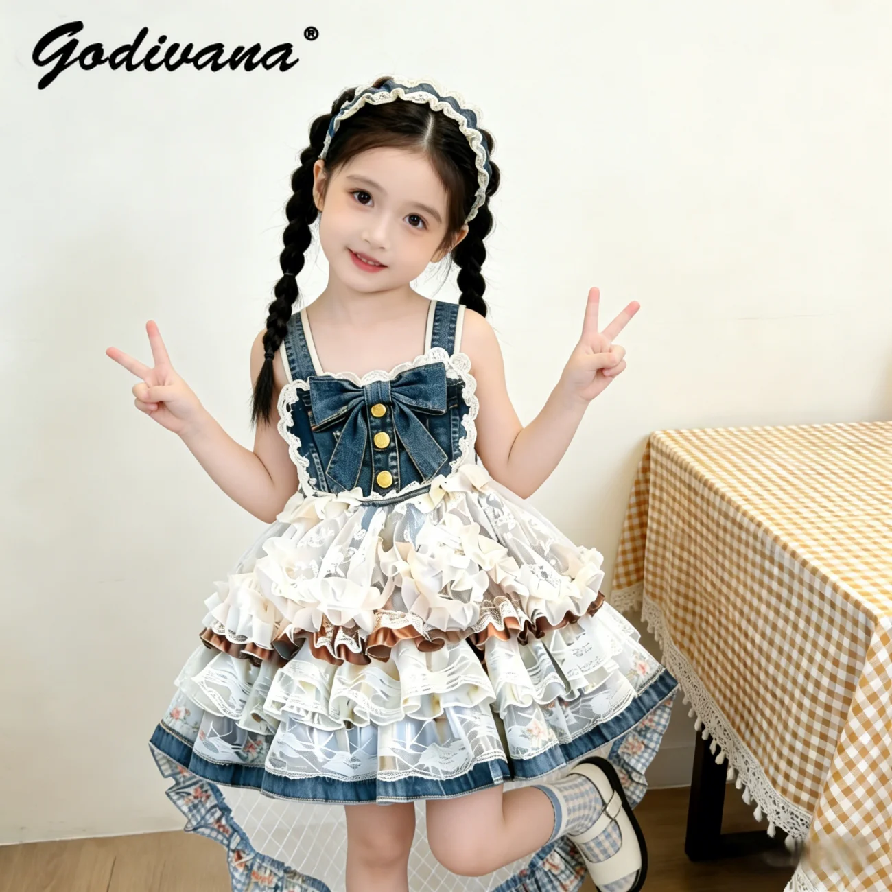 

Original Baby Girls Denim Mesh Patchwork Slip Dress Kids Summer Sleeveless Lace Trim Tutu Gown Birthday Party Princess Dresses