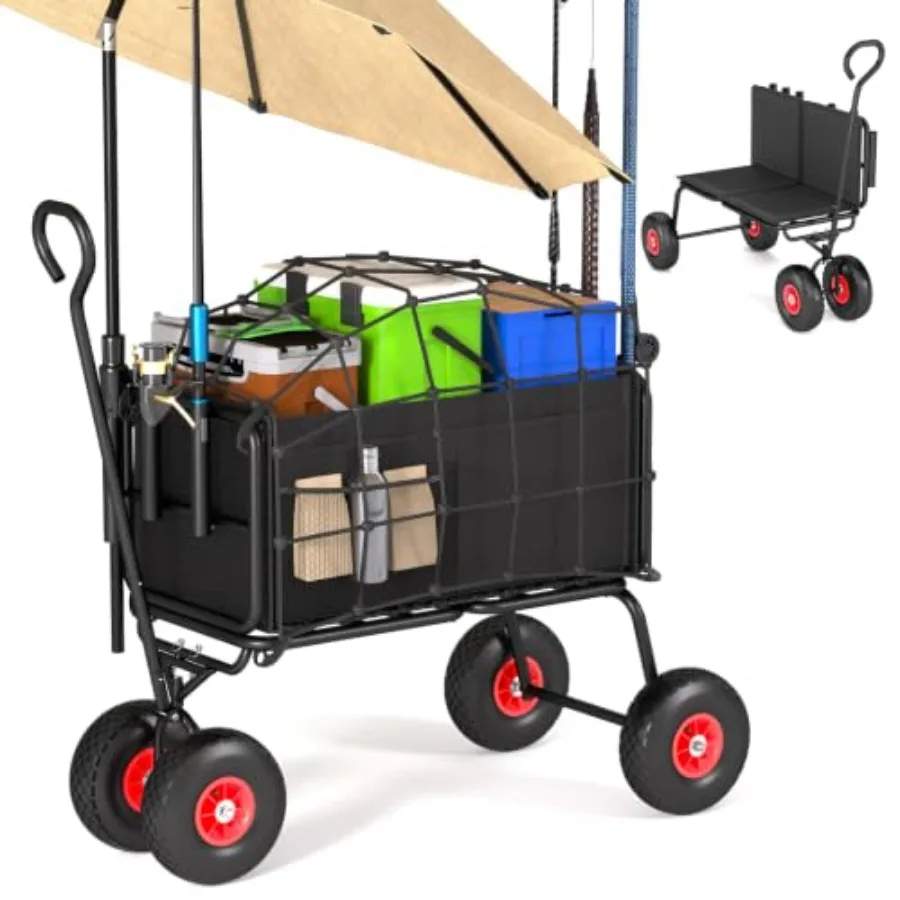 3 in 1 Fishing Cart, Heavy Duty Garden Carts w/All Terrain Inflatable Tires, Folding Wagon Cart, Convert to Chair or Bench with