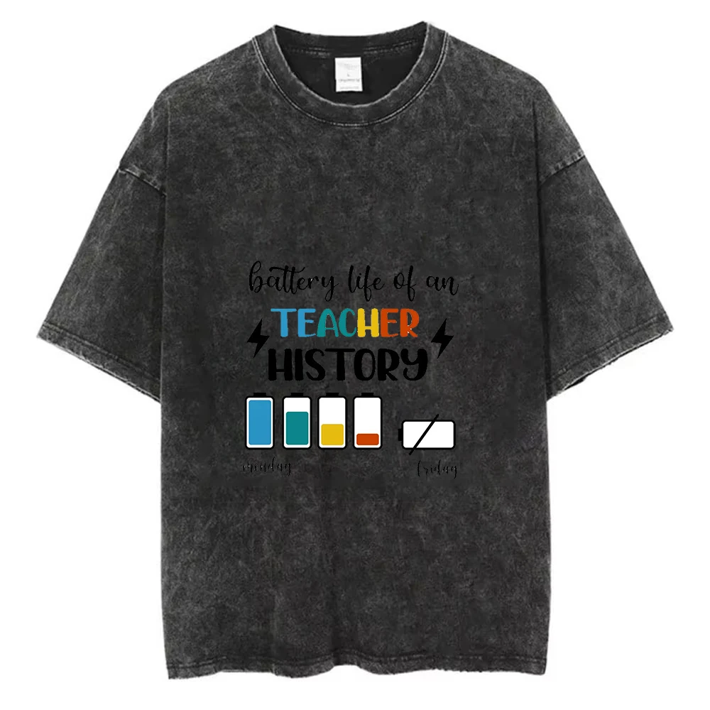 Vintage Washed Teacher Battery Life Graphic Print Oversized T-Shirt, Casual Loose Short Sleeve Crew Neck Tee for Educators