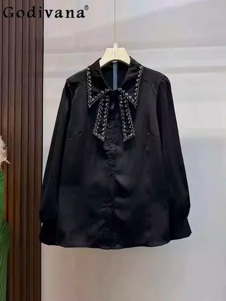 Spring New Simple Large Size Women Versatile Loose Long Sleeve Top Diamond Turn-down Collar Solid Color Lolita Korean Shirt