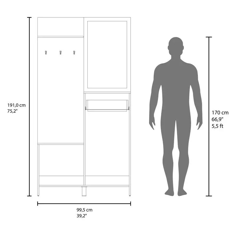 شجرة قاعة شجرة بمرآة طويلة 75 بوصة مع شماعات، 3 أرفف، 2 خزائن، درج واحد، طاولة وحدة تحكم للمدخل، غرفة المعيشة، خشب البلوط الخفيف