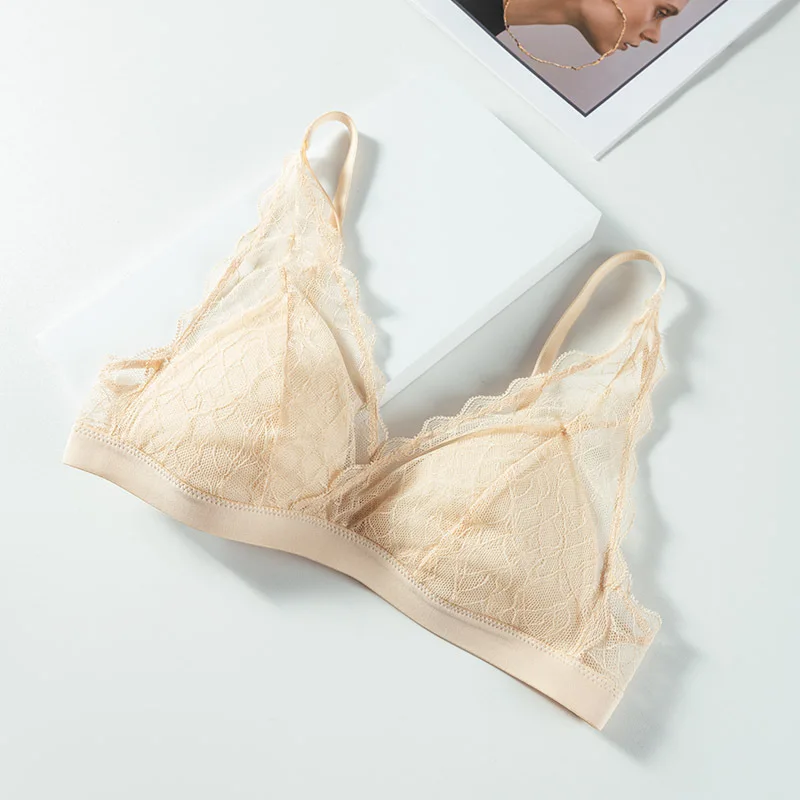 Winsleter-Cup Lining100%Real Silk Sexy Bra, Wire Free Lace, Women French Breathable Triangle Cup Underwear, 2026 Spring P61243CC view 4