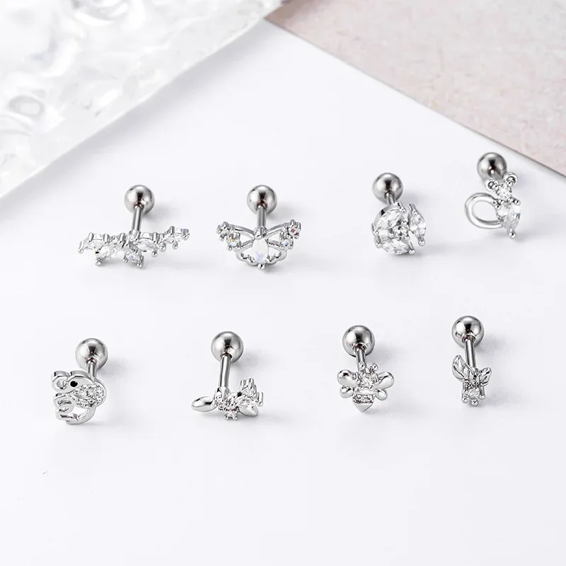 1Piece Thick Rod Piercing Stainless Steel Earring for Women Earring Jewelry Elephant Bee Shape Zircon Stud Earrings for Teens