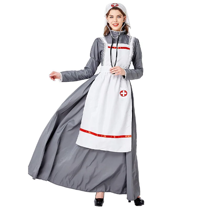 Medieval Retro Nurse Costume loween Cosplay Role-plang Doctor Nurse Long Skirt Women's Ethnic Stage Costume Polyester
