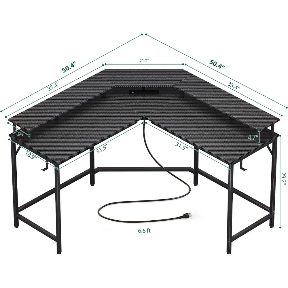 L Shaped Gaming Desk with Power Outlets & LED Lights, Computer Desk with Monitor Shelves, Carbon Fiber Surface, Home Office Desk