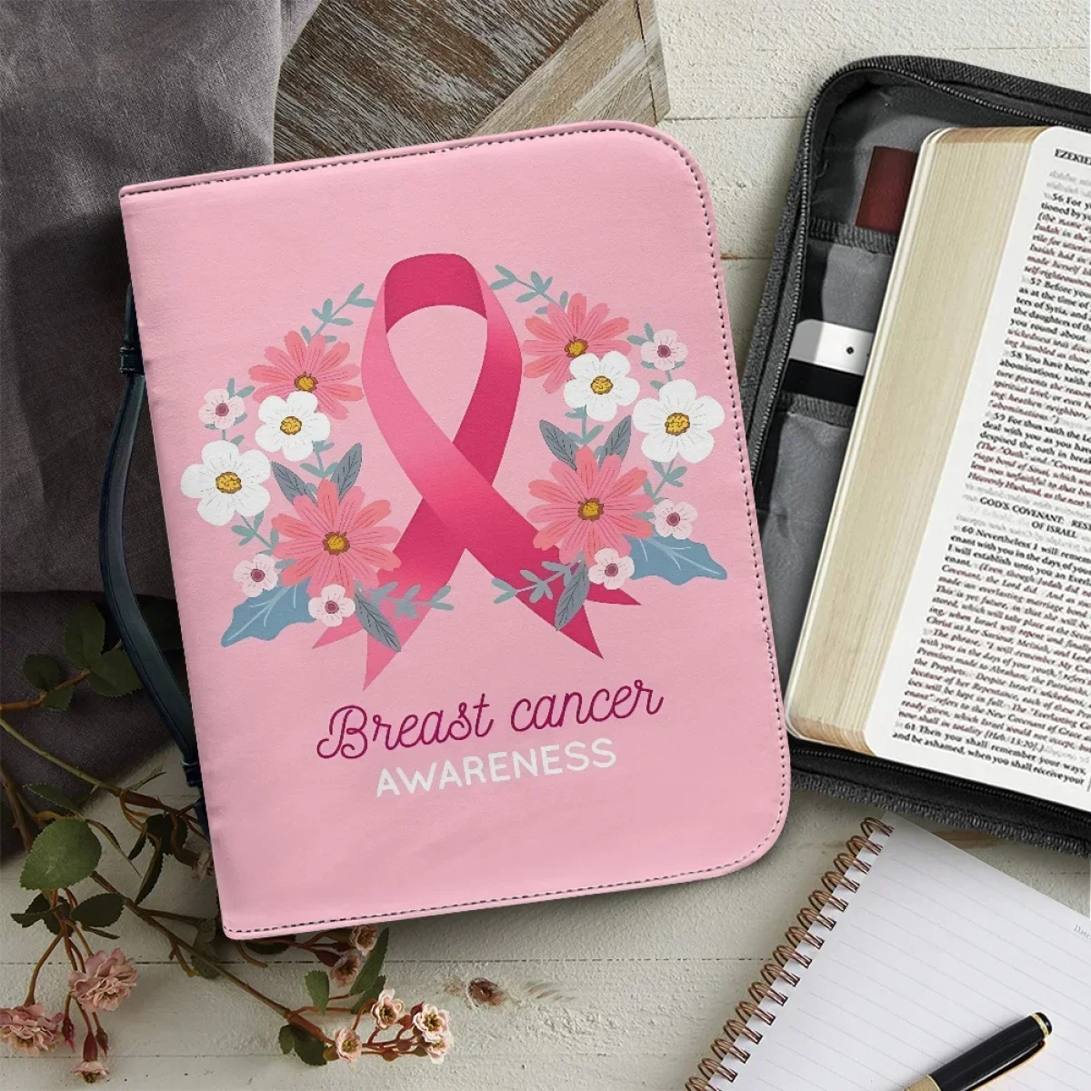 

Breast Cancer Awareness Pink Pattern Ladies Leather Bible Cover Case Carry Bag Bible Cover For Women's Bible Carrying Case 2024