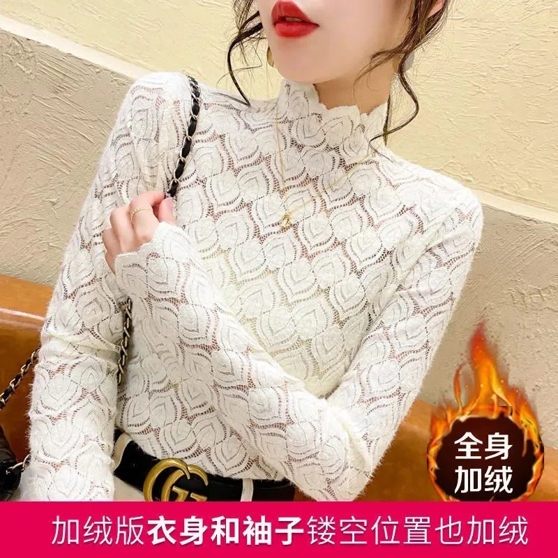 Half High Collar Lace Shirt Autumn And Winter New Brushed Shirt Mesh Top Plush Shirt Mother Warm Long Sleeve Top For Female LD