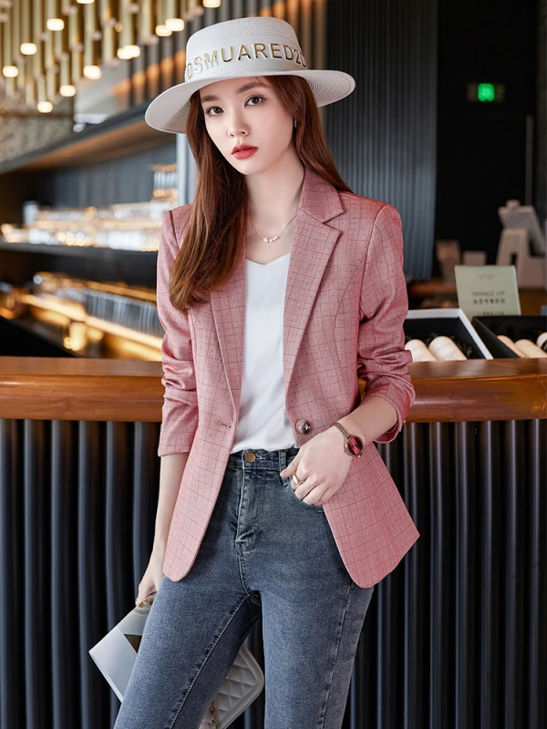 Ladies Formal Blaze New Arrival Pink Black Plaid Women Female Long Sleeve Single Button Slim Business Work Wear Jacket Coat