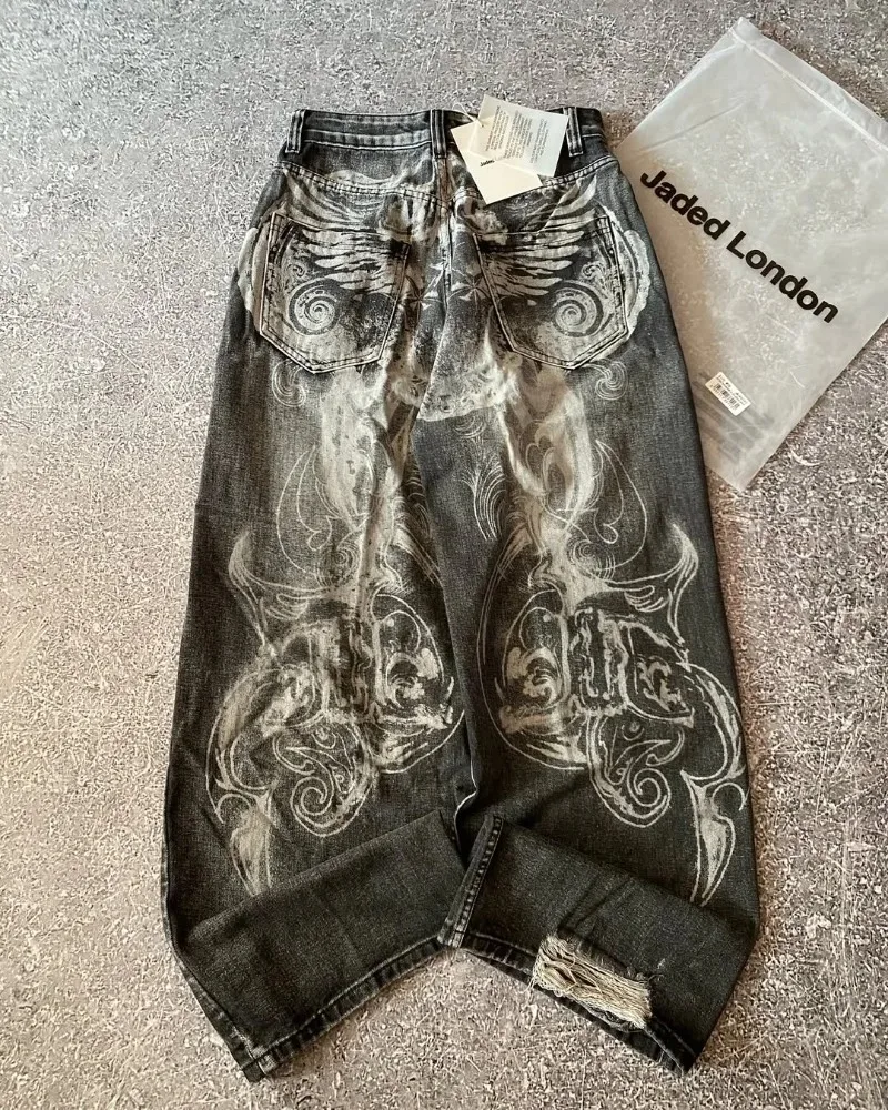 

Y2K Fashion New Washing Old Hole Pattern Printing Baggy Jeans Women Streetwear Harajuku Punk High Waist and Wide Leg Trousers