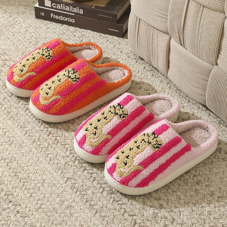 Ins-Style Cute Color-Block Embroidered Winter New Striped Leopard Print Plush Slippers for Women, Indoor Non-Slip Warm Plush Sh