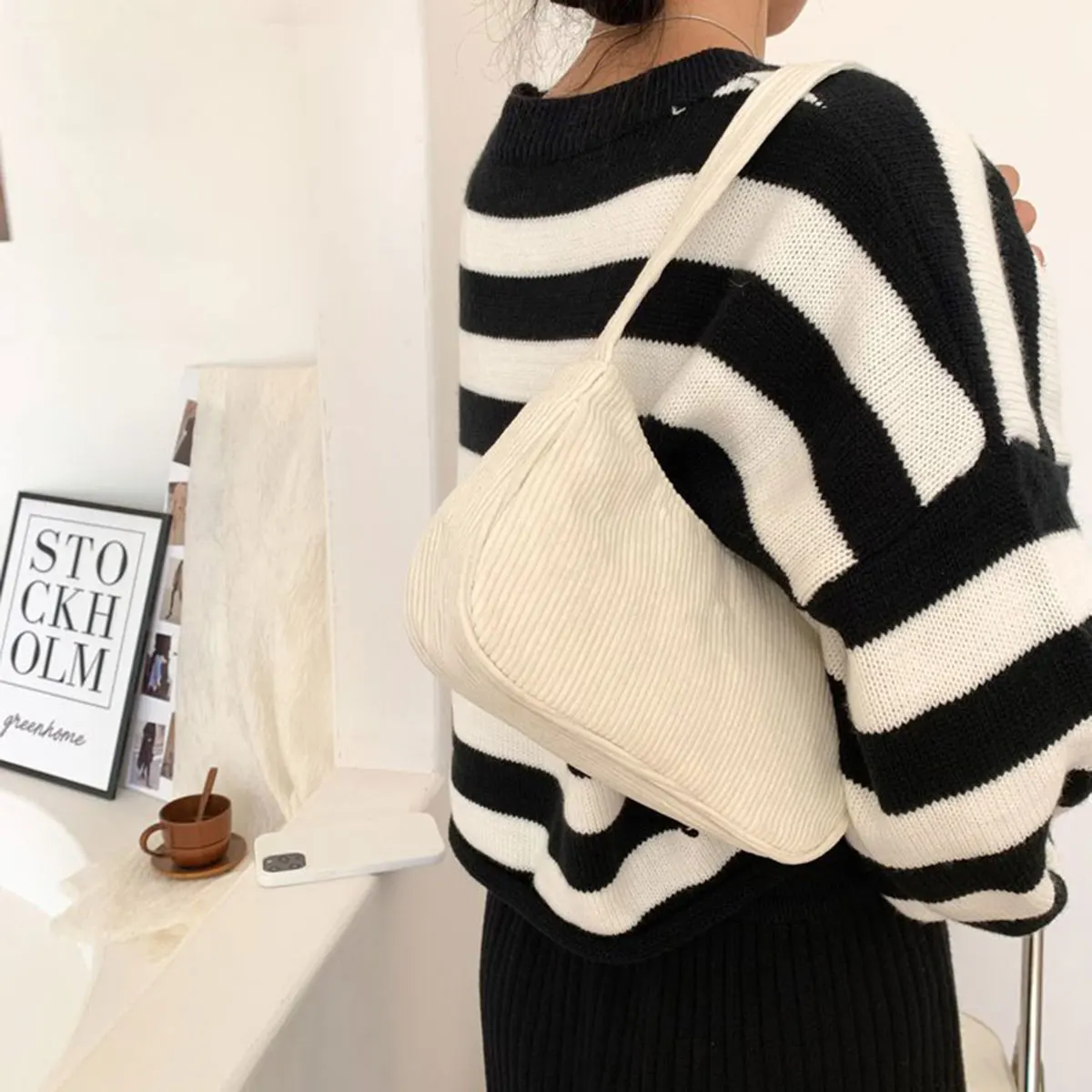 Retro Underarm Bag Women's Half Moon Shoulder Bag Fashion Solid Color Small Handbags For Women New Zipper Corduroy Clutch - view 5